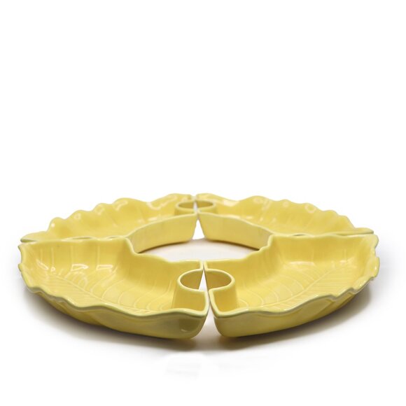 Vintage California Pottery Ceramic Lazy Susan Leaf Serving Tray Appy Dish Yellow - Picture 4 of 15